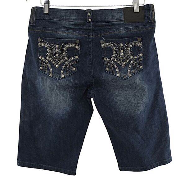 C3 Embellished Bermuda Denim Shorts Women’s Size 11 Dark Wash Crystal Studded - Picture 3 of 8